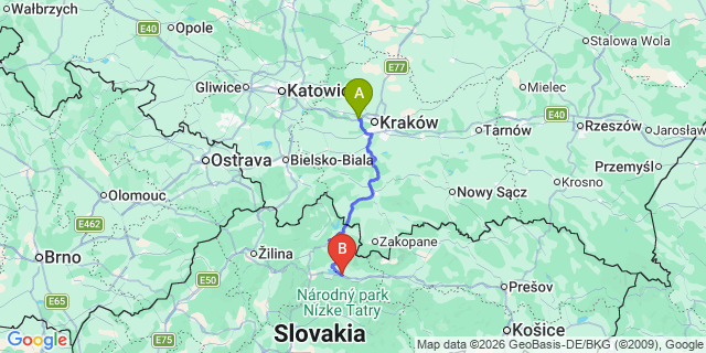 Map: Krakow Airport (KRK) to Liptovsky Mikulas