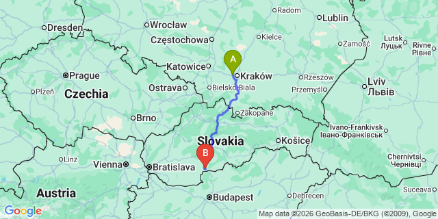 Map: Krakow Airport (KRK) to Martin