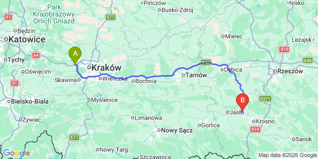 Map: Krakow Airport (KRK) to Moderówka