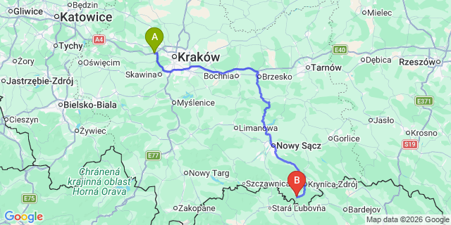 Map: Krakow Airport (KRK) to Muszyna