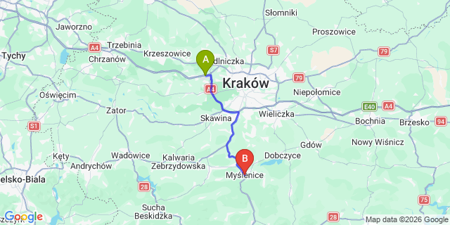 Map: Krakow Airport (KRK) to Myslenice