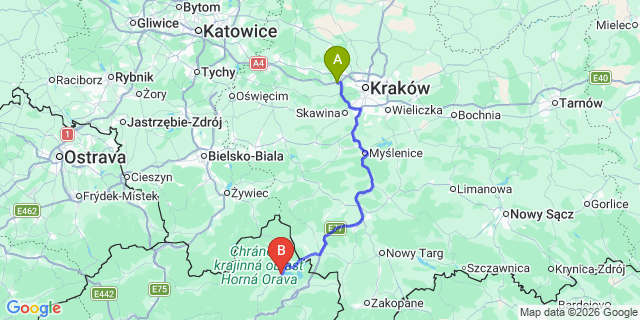 Map: Krakow Airport (KRK) to Námestovo