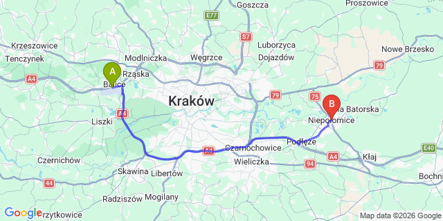 Map: Krakow Airport (KRK) to Niepołomice