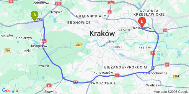 Map: Krakow Airport (KRK) to Nowa Huta