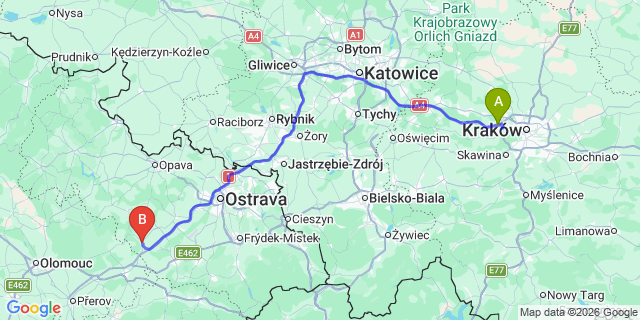 Map: Krakow Airport (KRK) to Odry