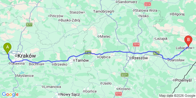 Map: Krakow Airport (KRK) to Oleszyce
