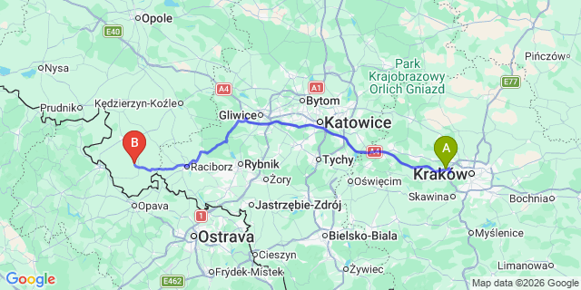 Map: Krakow Airport (KRK) to Opava