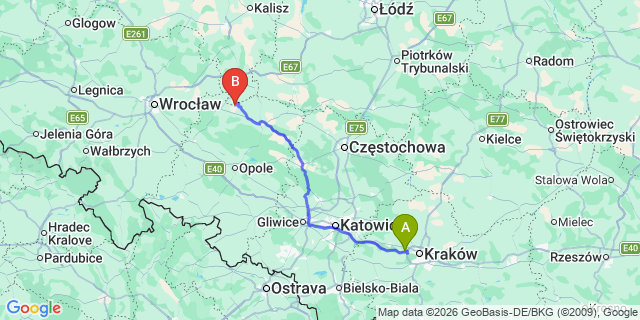Map: Krakow Airport (KRK) to Opole