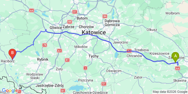 Map: Krakow Airport (KRK) to Ostrava