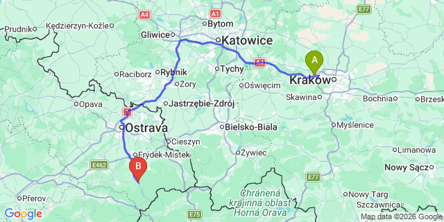 Map: Krakow Airport (KRK) to Ostravice