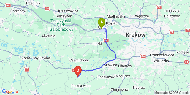 Map: Krakow Airport (KRK) to Paszkówka