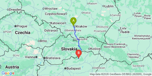 Map: Krakow Airport (KRK) to Poprad
