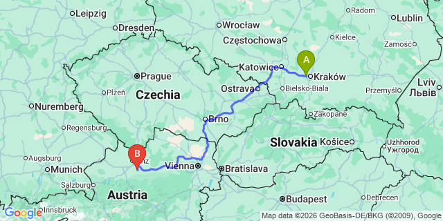 Map: Krakow Airport (KRK) to Prague city (all areas)