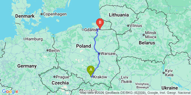 Map: Krakow Airport (KRK) to Radom