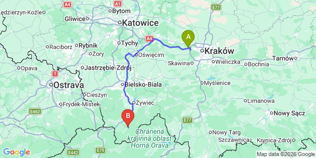 Map: Krakow Airport (KRK) to Rajcza