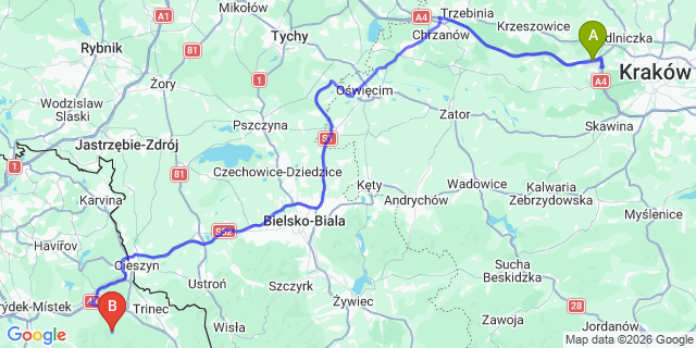 Map: Krakow Airport (KRK) to Řeka