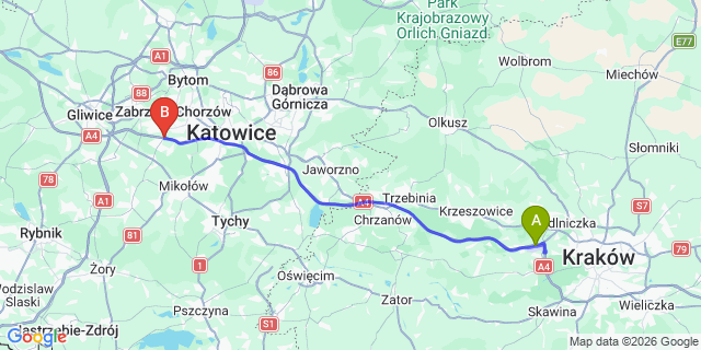 Map: Krakow Airport (KRK) to Ruda Slaska