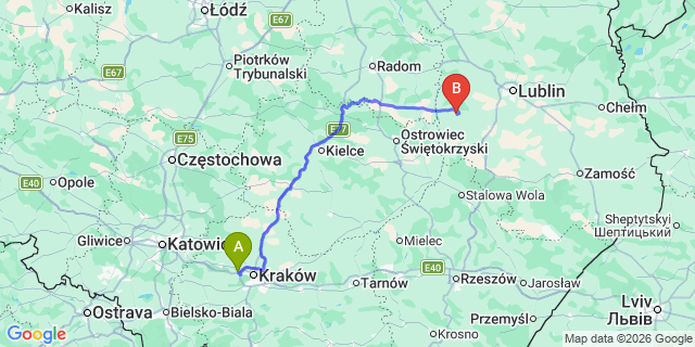 Map: Krakow Airport (KRK) to Rzeszow
