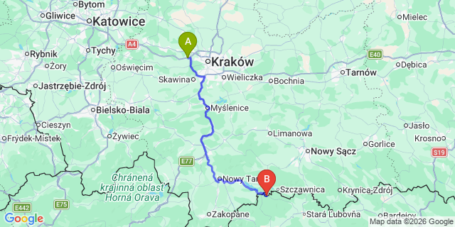 Map: Krakow Airport (KRK) to Sromowce Niżne