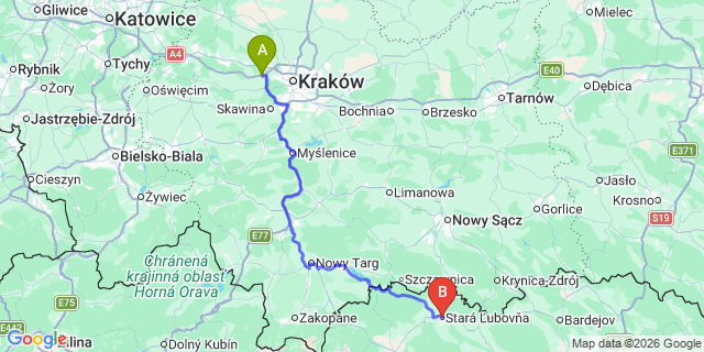 Map: Krakow Airport (KRK) to Stará Ľubovňa