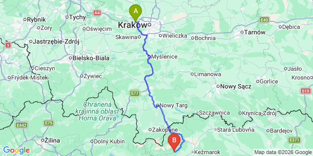 Map: Krakow Airport (KRK) to Starý Smokovec