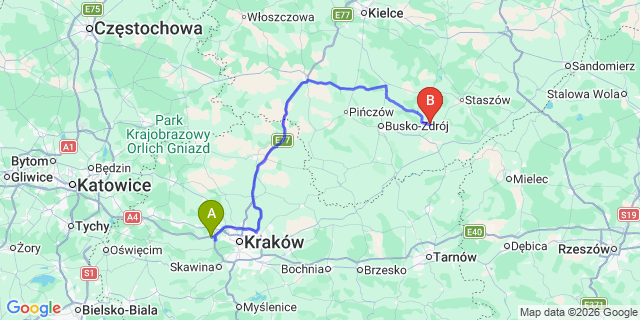 Map: Krakow Airport (KRK) to Tarnow