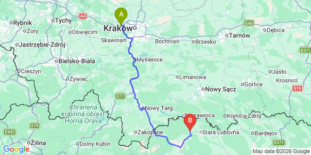 Map: Krakow Airport (KRK) to Vyšné Ružbachy