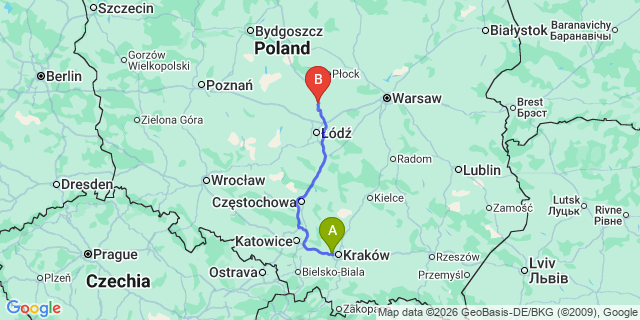 Map: Krakow Airport (KRK) to Wadowice