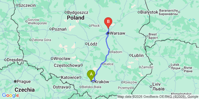 Map: Krakow Airport (KRK) to Warsaw city (all areas)