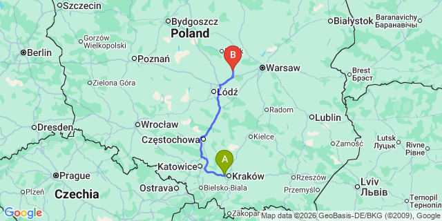 Map: Krakow Airport (KRK) to Wieliczka