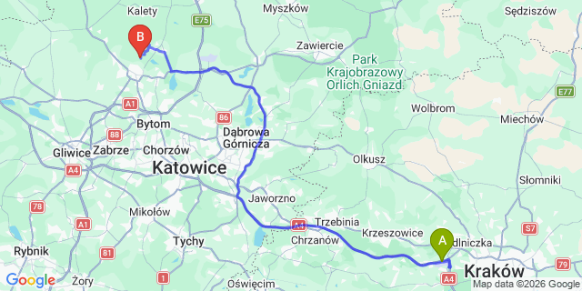 Map: Krakow Airport (KRK) to Wisla