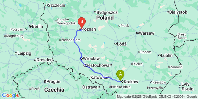 Map: Krakow Airport (KRK) to Wroclaw