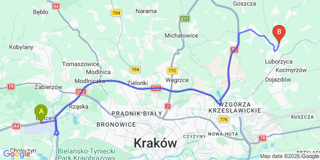 Map: Krakow Airport (KRK) to Wysiolek Luborzycki
