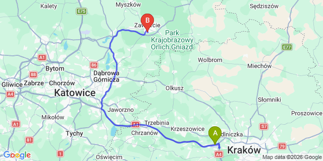 Map: Krakow Airport (KRK) to Zawiercie