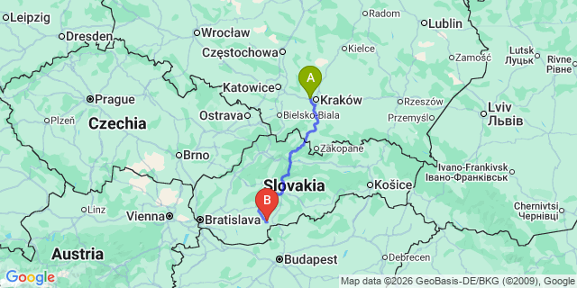 Map: Krakow Airport (KRK) to Zilina