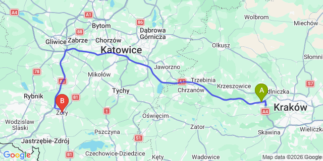 Map: Krakow Airport (KRK) to Żory