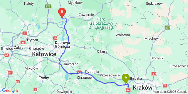 Map: Krakow Airport (KRK) to Żywiec