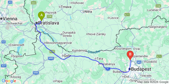 Map: Bratislava Airport (BTS) to Budakalász