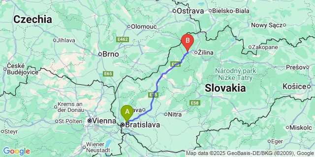 Map: Bratislava Airport (BTS) to Bytča