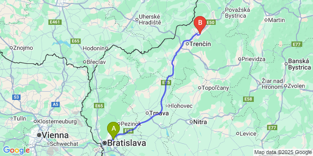 Map: Bratislava Airport (BTS) to Dubnica nad Váhom
