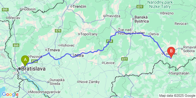 Map: Bratislava Airport (BTS) to Fiľakovo