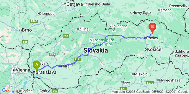 Map: Bratislava Airport (BTS) to Giraltovce