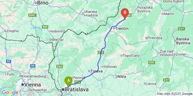 Map: Bratislava Airport (BTS) to Ilava