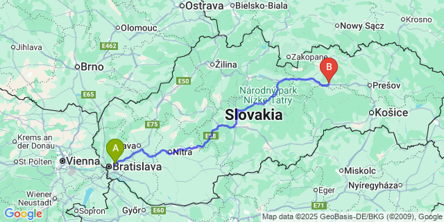 Map: Bratislava Airport (BTS) to Levoča