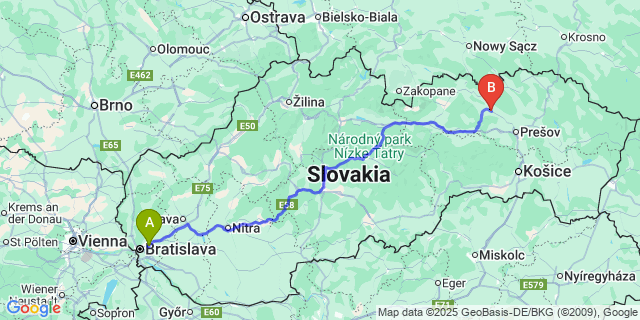 Map: Bratislava Airport (BTS) to Lipany