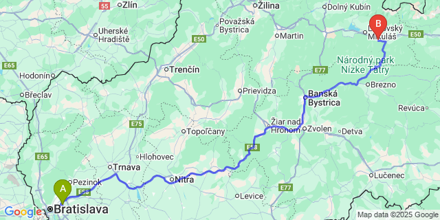Map: Bratislava Airport (BTS) to Liptovský Hrádok