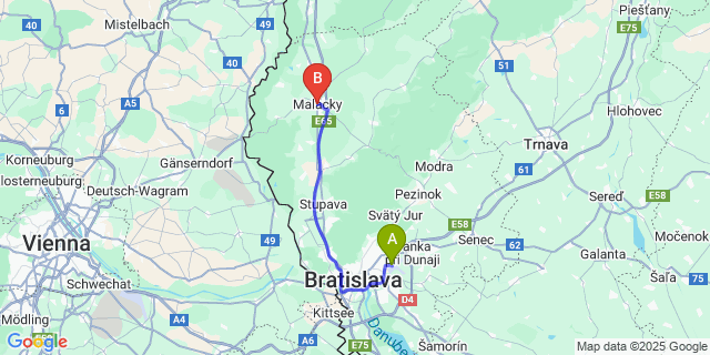 Map: Bratislava Airport (BTS) to Malacky
