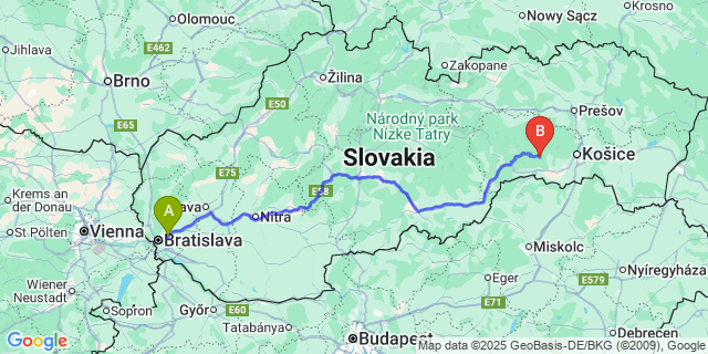 Map: Bratislava Airport (BTS) to Medzev