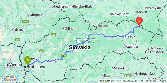 Map: Bratislava Airport (BTS) to Medzilaborce