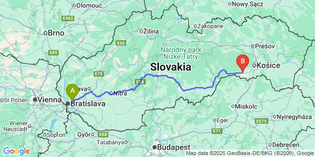 Map: Bratislava Airport (BTS) to Moldava nad Bodvou